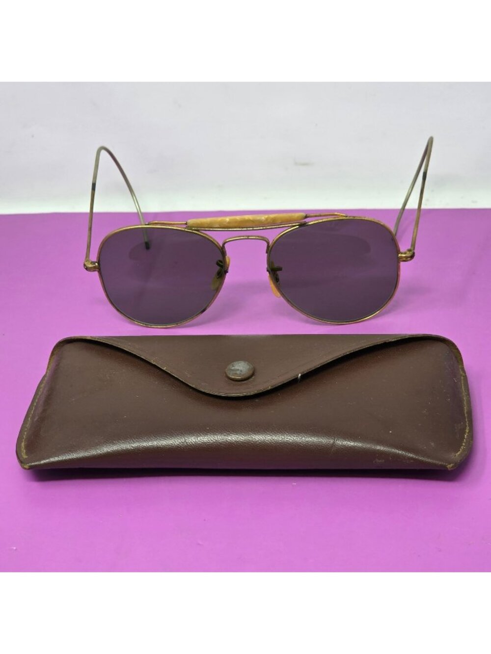 Vintage Aviator Sunglasses Gold Tone Purple Green Tint Retro 80s Eyewear‎